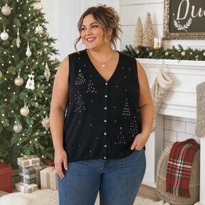 Hampshire Studio 2X Black Beaded Christmas Tree Sweater Vest Holiday